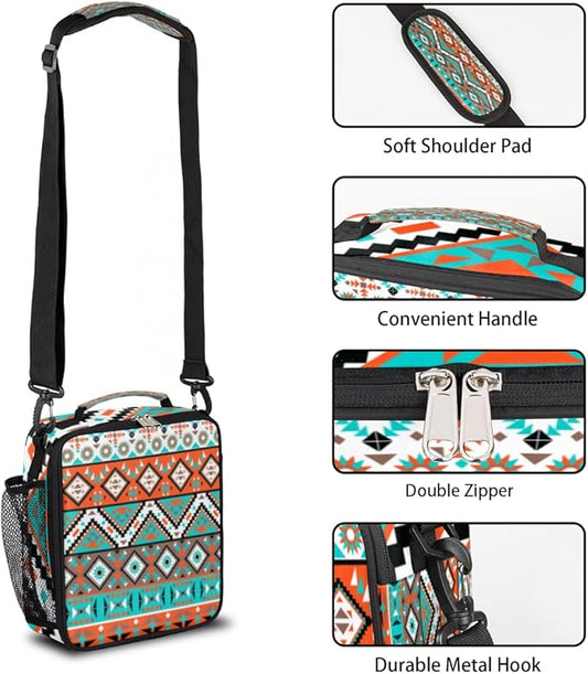 Aztec Geometric Kids Lunch Box Aztec Insulated Lunch Bag Tote for Girls Boys Cooler Freezable Meal Prep Bag with Shoulder Strap Waterproof Lunch Container for School Office Picnic