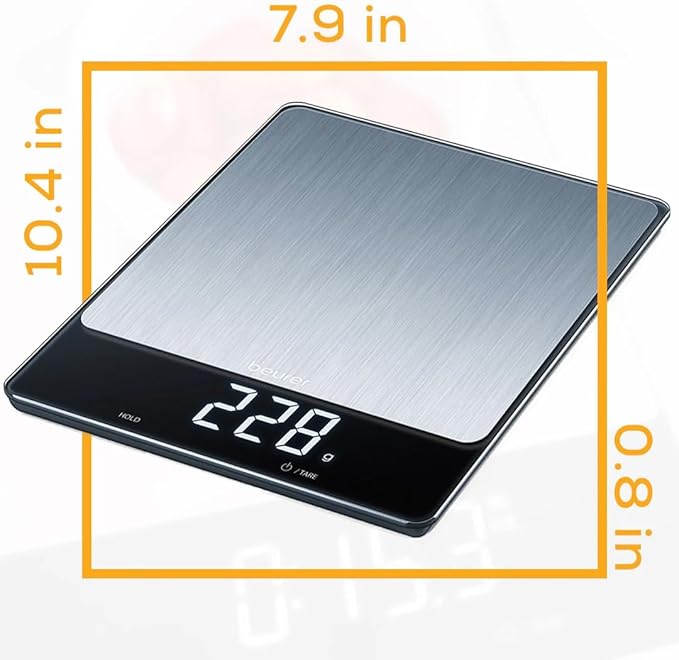 Beurer KS34 Digital Kitchen Scale - Precise Scale for Food Ounces and Grams, 33lbs Capacity, XL Weighing Platform for Meal Prep, Magic Display, Tare Function - Batteries Included - Black Glass