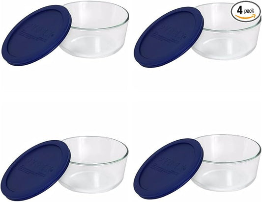 Pyrex Storage 4-Cup Round Dish with Dark Blue Plastic Cover, Clear (Case of 4 Containers)