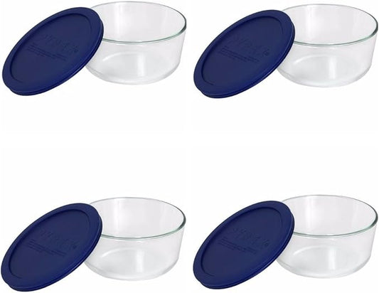 Pyrex Storage 4-Cup Round Dish with Dark Blue Plastic Cover, Clear (Case of 4 Containers)