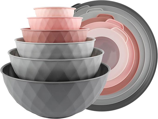 COOK WITH COLOR Mixing Bowls with Lids - 12 Piece Plastic Nesting Bowls Set includes 6 Prep Bowls and 6 Lids, Non Slip Bottom and Diamond Design - Microwave Safe (Mint)