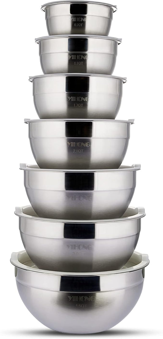 YIHONG 7 Piece Metal Mixing Bowls with Lids for Kitchen, Stainless Steel Set Ideal for Baking, Prepping, Cooking and Serving Food, Nesting Design for Space Saving Storage(White)