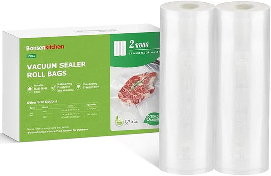 Bonsenkitchen Vacuum Sealer Bags Rolls, 11 in x 50 ft Rolls 2 pack Durable Food Sealer Bags, Commercial Grade, Heavy Duty, BPA Free, Seal a Meal, Great for Food Storage & Sous Vide Cooking, VB24