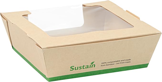 Restaurantware-Sustain 26 Ounce Sturdy Paper Take Out Boxes, 50 Disposable Take Out Food Containers - With PLA lining, Clear PLA Window, Bamboo Paper Containers, Compostable, Tab-Lock Design