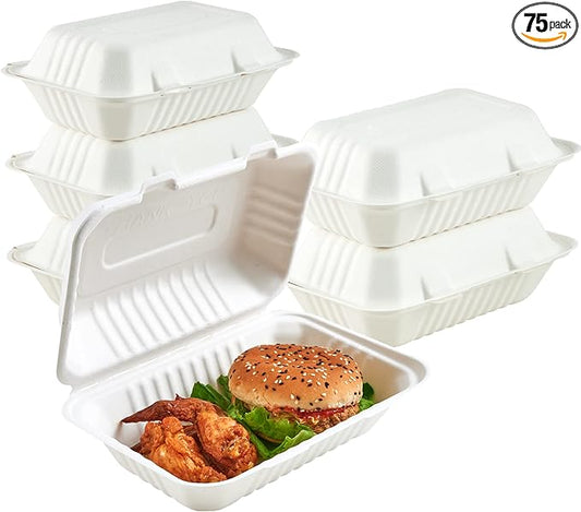 ECOLipak Clamshell Take Out Food Containers, 9 * 6 inch 75-Pack Disposable To Go Containers, To Go Boxes for Food Salad