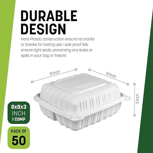 8X8X3 1-Compartment 50-Pack Plastic Clamshell Takeout Food Trays Heavy Disposable Box For Pasta Salad Sandwich Meal Prep Packaging Catering Hinged Containers With Secure Snap Lid