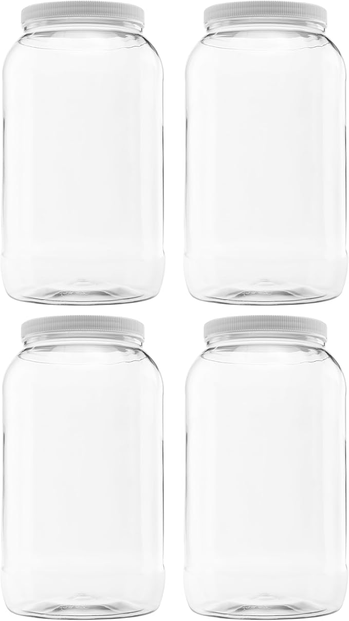 4 Pack of 128 Ounce Plastic Gallon Jars with 110/400 Leak Proof Seal Lid - Food Grade and BPA Free (128oz, 4pk)