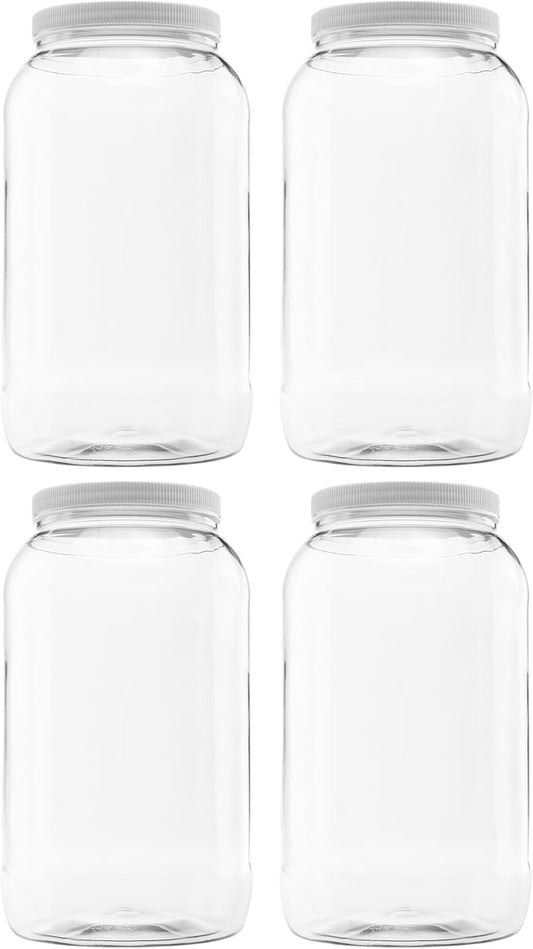 4 Pack of 128 Ounce Plastic Gallon Jars with 110/400 Leak Proof Seal Lid - Food Grade and BPA Free (128oz, 4pk)