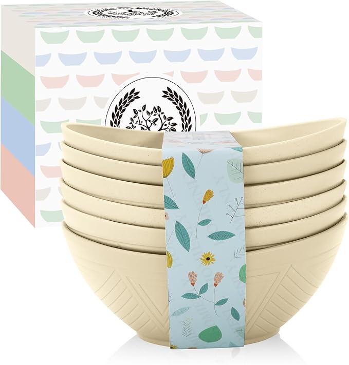 Homienly Salad Bowls Set of 6, 60 OZ Large Wheat Straw Bowls for Kitchen, Camping, Party, Unbreakable Lightweight Popcorn Bowl, Microwave and Dishwasher Safe Bowl Set with Unique Texture - Beige