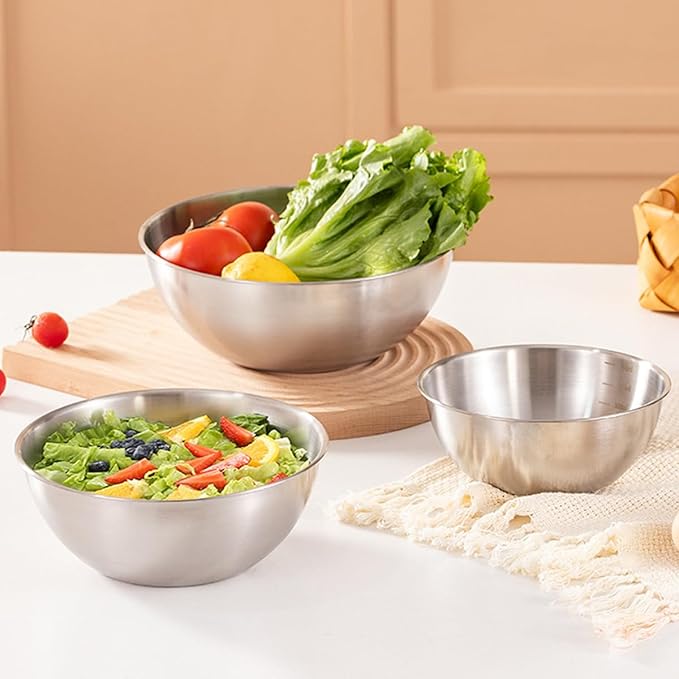 Stainless Steel Salad Bowls Set of 2 Mixing Bowl with Measurement Markings Snacks Bowls, 4.23 Quart Serving Bowls for Mixing, Cooking, Baking, Prepping and Home Kitchen Food Storage Bowls