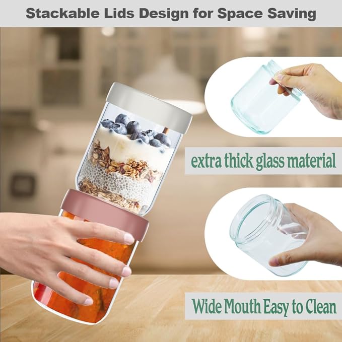 4 Pack 16Oz Glass Jars with Lids, Overnight Oats Containers with Lids, Wide Mouth Mason Jar Airtight Glass Food Storage Containers for Snacks Salad Fruit Yogurt Cereal Meal Prep Leak-Proof