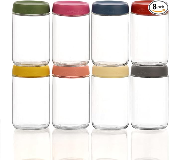 18 OZ Glass Food Jar Storage Containers with Airtight Lids, Reusable Wide Mouth Overnight Oats Glass Mason Jars for Snacks Yogurt Pudding(Multicolor 8pack)
