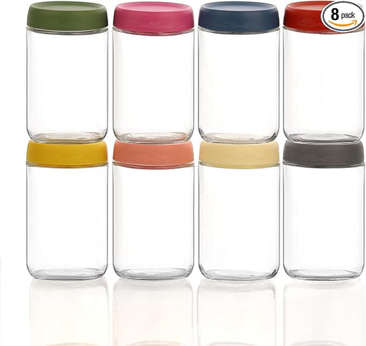 18 OZ Glass Food Jar Storage Containers with Airtight Lids, Reusable Wide Mouth Overnight Oats Glass Mason Jars for Snacks Yogurt Pudding(Multicolor 8pack)