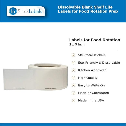 InStockLabels Dissolvable Food Storage Labels, 2 x 3 Inch, 500-Pack - Convenient Blank Adhesive Stickers for Organization and Food Rotation, Meal Prep Stickers Dissolve in Water