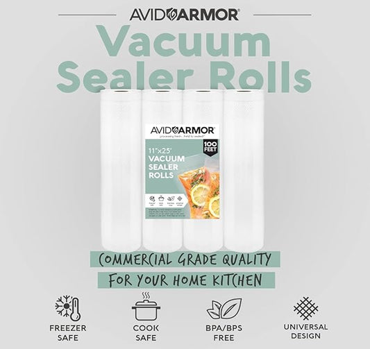 Avid Armor Vacuum Sealer Bags - 4 Pack, 11x25 Rolls | BPA-Free Vacuum Seal Bags for Food Storage, Meal Prep, Sous Vide | Heavy Duty Vacuum Sealer Bags, Fits Foodsaver & Seal a Meal