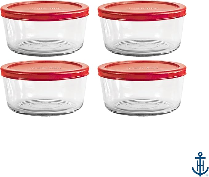 Anchor Hocking SnugFitTM Round Food Storage Containers with Lids (4-Piece, 7-cup, Red, oven-safe)