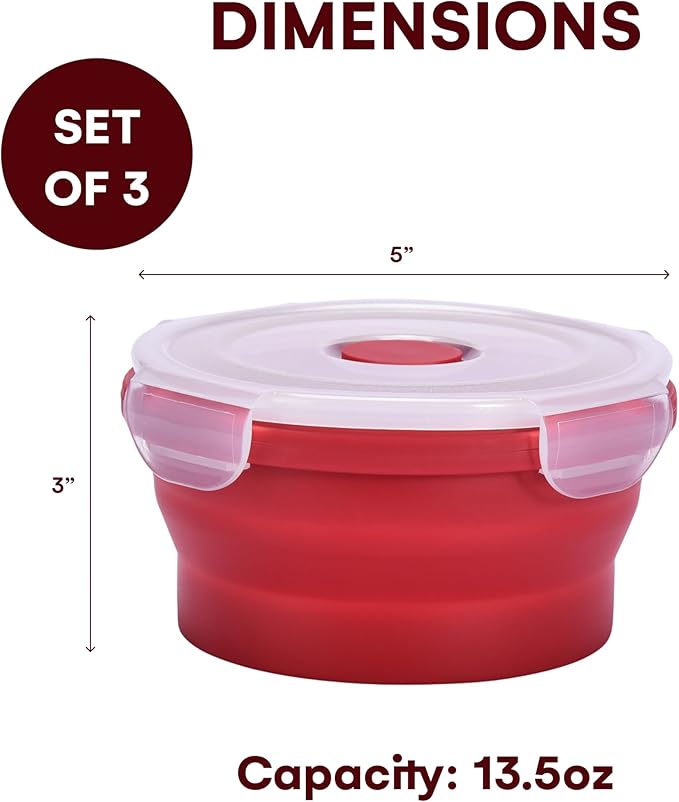 Collapsible Food Storage Containers with Lids - 13.5oz/0.4L Silicone Collapsible Bowl Sets with Airtight Lid - Round Silicone Food Containers Microwave, Freezer, and Dishwasher Safe - Set of 3, Red