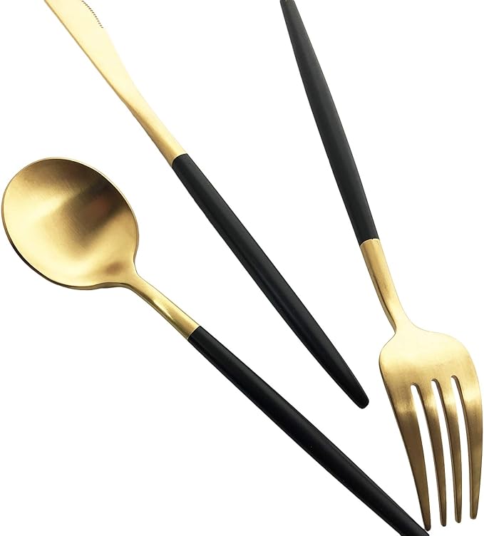 Silverware Set, Hand polished Matte Gold Black Flatware Cutlery Set Service for 2, Satin Finish 10 Pieces 18/10 Stainless Steel Utensils Set for Home and Restaurant, Dishwasher Safe