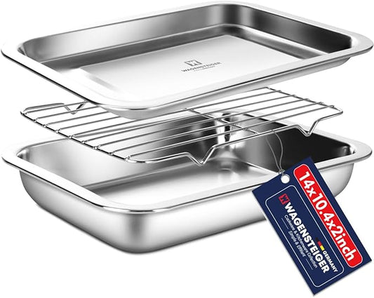 Stainless Steel Steam Table Pan with Rack & Lid (Tray), 2.96Quarts, Catering Pans, Restaurant Pans, Buffet Party Pans, Roasting Pan with Rack, Bakeware Roaster, Food Prep Container (1303 / No3)