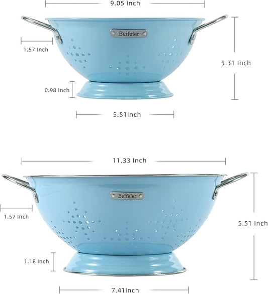 Metal Colander 2 Pack, Strainer Bowel with Handles 2Qt & 6Qt Powder Coated Solid Ring Base Heavey Duty Kitchen Drainer Basket for Pasta Veggies and Fruits,New Home Apartment Essentials (ArcticBlue)