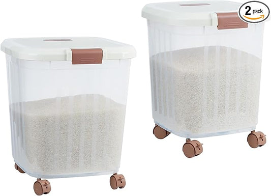 2PCS Airtight Flour Sugar Storage Containers with Lids, Easy to Move, Plastic Rice Cereal Grain Pet Food Bin with Wheels for Kitchen Pantry Organization (30lbs & 50lbs)