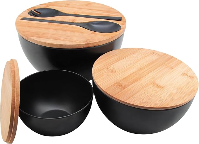 Salad Bowls Set of 3 with Lid & Serving Utensils, Bamboo Fiber Mixing Bowls Set Large Serving Bowls & Storage Set with Bamboo Lid for Salad, Kitchen Eating, Pasta, Popcorn, Chips, Fruit, Black