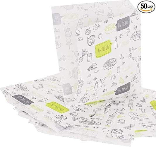 (Pack of 50) Paper Bags for Food Packaging 5.9" x 5.9" (15 x 15 cm), Greaseproof Fast Food Bags, Burger Bags, Food Packaging