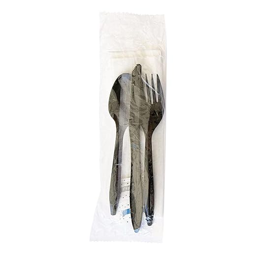 Boardwalk Disposable Plastic Cutlery Set, Six Piece Silverware Kit, Case of 250 Fork Knife Spoon Napkin Salt & Pepper, Polystyrene, Black, Individually Wrapped