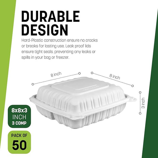 8X8X3 3-Compartment 50 Pcs Plastic Clamshell Takeout Food Trays Heavy Duty Disposable Box For Pasta Salad Sandwich Meal Prep Packaging Catering Hinged Containers With Secure Snap Lid