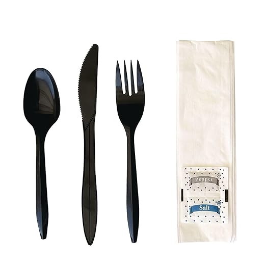 Boardwalk Disposable Plastic Cutlery Set, Six Piece Silverware Kit, Case of 250 Fork Knife Spoon Napkin Salt & Pepper, Polystyrene, Black, Individually Wrapped