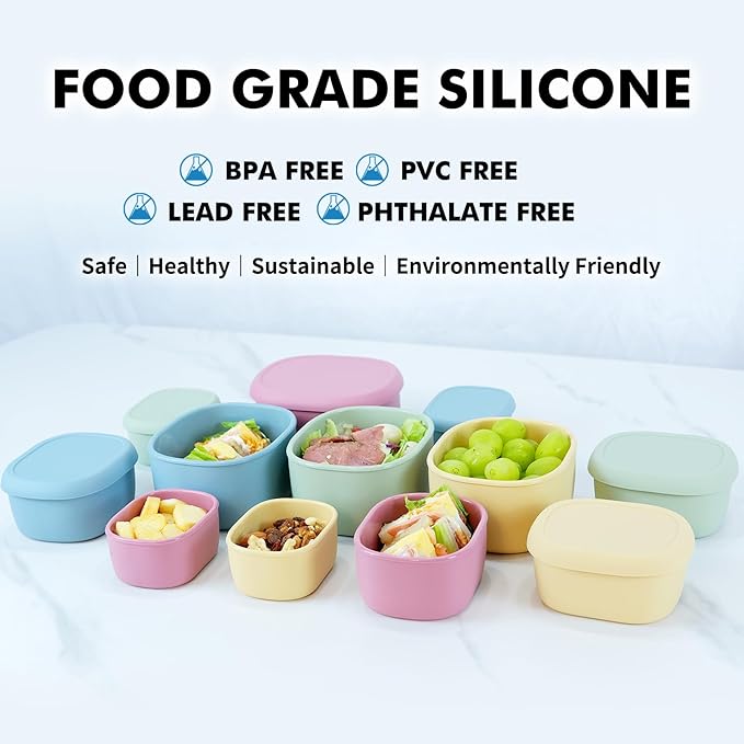 Anatole Silicone Food Storage Lunch Bento Box Set of 3 Reusable Nesting Containers with Lids BPA Free Dishwasher Microwave Oven Freezer Safe Leakproof (6.7oz, 10oz, 20oz) Yellow