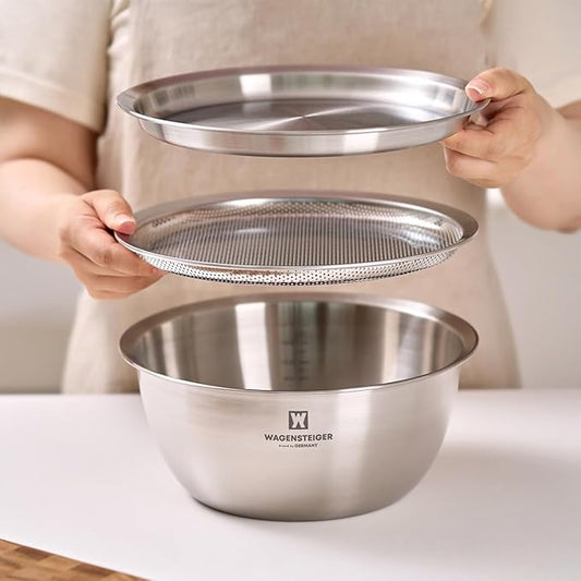 Stainless Steel Mixing Bowl Set (3-Piece) – Multifunctional Food Prep & Baking Tools with Strainer and Serving Tray, Oil Drain Tray, Nesting Storage, Easy Measurement Marks (8.66 Inch)