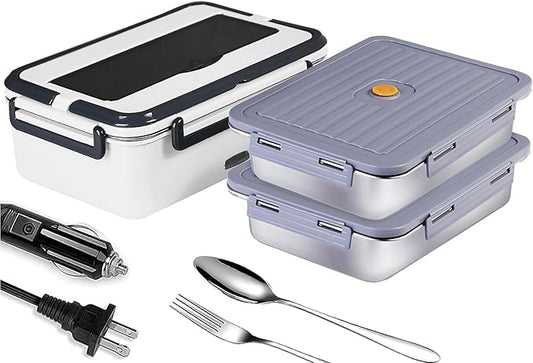 Electric Lunch Box, heated lunchbox for adults men 12V/24V/110V portable Food Warmer 80W self heating lunch boxes for Car Truck Work, heatable lunchbox with 2 Stainless Steel Containers 60-oz