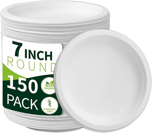 150 Compostable Paper Plates (White 7inch) Heavy Duty Disposable Eco Plates Made of Sugarcane Fiber Biodegradable for Everyday Dinner, Party, Barbecue