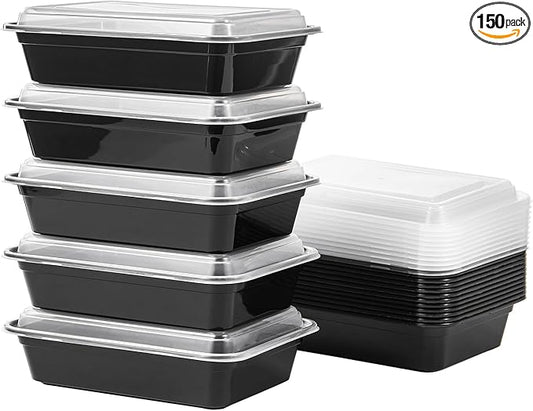 24 oz Meal Prep Containers With Lids Reusable 150 Pack Extra-thick Plastic Food Storage Black Disposable To Go Lunch Box BPA Free Stackable Microwave Dishwasher Freezer Safe (Formerly FULING)