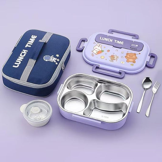 Bento box for kids/adults, 304 Stainless steel insulated 4 compartments lunch box with Soup Bowl, Thermal bag, Spoon and folk, Leak proof, Microwavable, Dishwasher safe, 5 colors (Purple)