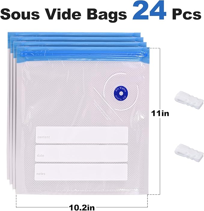 Sous Vide Bags Vacuum Zipper Sealer Bag for Food 24 PCS, Reusable Vacuum Seal Bags with Sealing Clips for Sous Vide Cooking,Freezer Safe,Microwave Heating and Food Storage(8"X9")