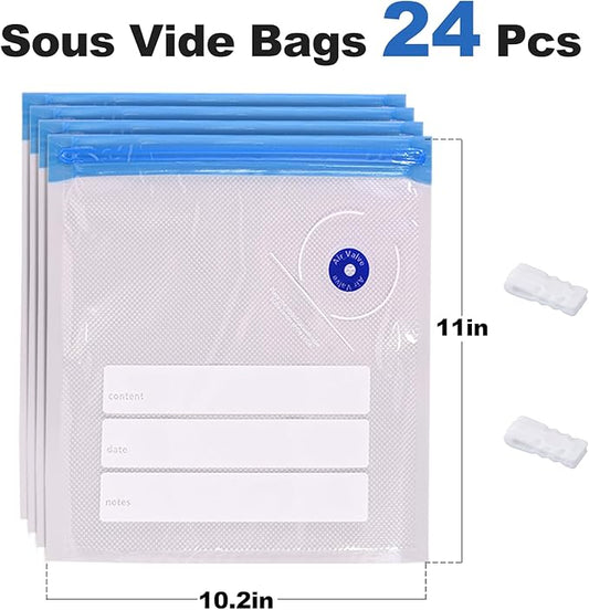 Sous Vide Bags Vacuum Zipper Sealer Bag for Food 24 PCS, Reusable Vacuum Seal Bags with Sealing Clips for Sous Vide Cooking,Freezer Safe,Microwave Heating and Food Storage(8"X9")