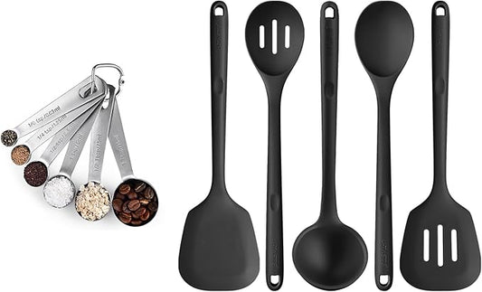 18/8 Stainless Steel Measuring Spoons Set for Dry and Liquid Ingredients (Set of 6), and 600℉ Heat Proof BPA-Free Solid/Slotted Sturdy Cooking Utensil Set of 5 for Non Stick Cookware, Black