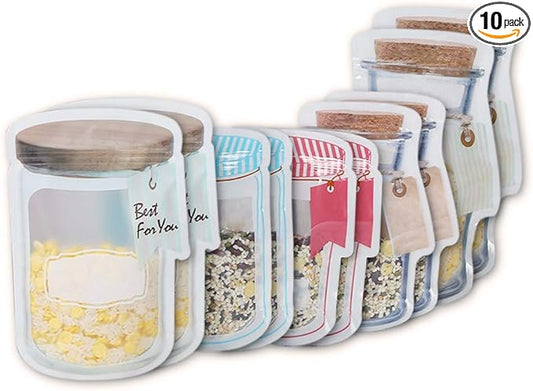 10 Pcs Reusable Jar Bags Mason Storage Bag for Food Snack Nut Dried Fruit Cookies, Safe Material Airtight Seal Leak-Proof Zip-lock Bottle Shaped Bag for Travel Camping Picnic Zipper Fresh Bags