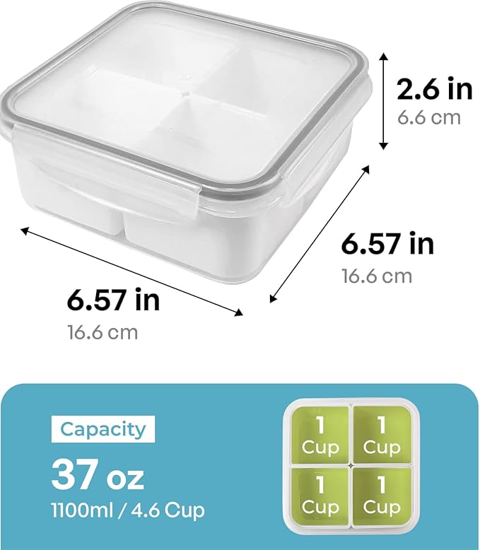 Carrotez 4 Compartment Food Storage Container, Portion Control, Salad, Meal Prep, Reusable, Microwave Safe, 4.6 Cup (1100ml)