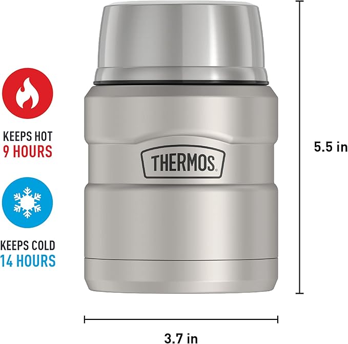 THERMOS Stainless King Vacuum-Insulated Food Jar with Spoon, 16 Ounce, Matte Stainless Steel