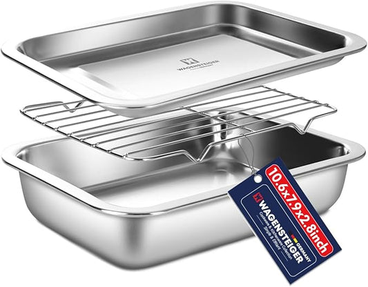 Stainless Steel Food Prep Container with Rack & Lid (Tray), 2.4Quarts, Catering Pans, Restaurant Pans, Buffet Party Pan, Roasting Pan with Rack, Bakeware Roaster, Oven Casserole (1305 / No5)