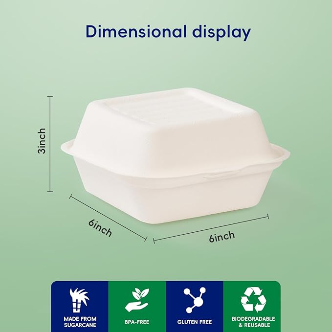 JOLLY CHEF Clamshell To Go Containers, 6" x 6" 200-Pack, Sugarcane To Go Boxes for Salad, Lunch