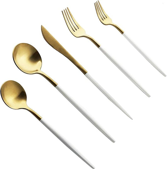 Silverware Set, Hand polished Matte Gold White Flatware Cutlery Set Service for 4, Satin Finish 20 Pieces 18/10 Stainless Steel Utensils Set for Home and Restaurant, Dishwasher Safe