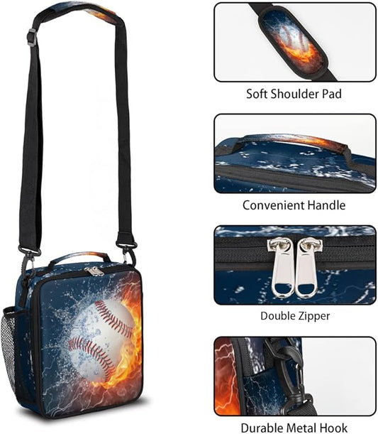 Fire Baseball Kids Lunch Box Baseball Sport Insulated Lunch Bag Tote for Girls Boys Cooler Freezable Meal Prep Bag with Shoulder Strap Waterproof Lunch Container for School Office Picnic