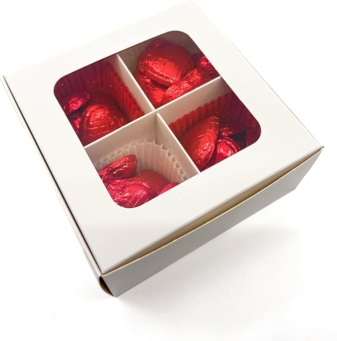 Treat boxes with window and dividers | 4 SMALL compartments | 4.5 x 4.5 x 1.9 in | Chocolate covered strawberries supplies, macaron boxes, baked goods packaging | 20-pack (White)