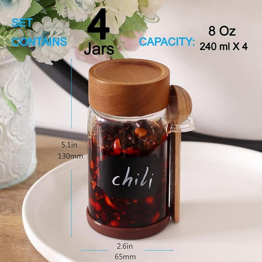 SAIOOL High Bprosilicate Glass 4 Pack Spice Jars with Label and Spoons,Overnight Oats Containers with Acacia Airtight Lids,Glass Food Storage Jars, Coffee Bar (Acacia 8 OZ*4)