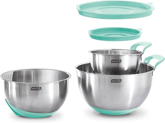 DASH Stainless Steel Mixing Bowls with Lids, Silicone Non-Slip Base with Measuring Lines and Strainer, 3 Bowl Set - 1.5 Quart, 3 Quart, & 5 Quart - Aqua