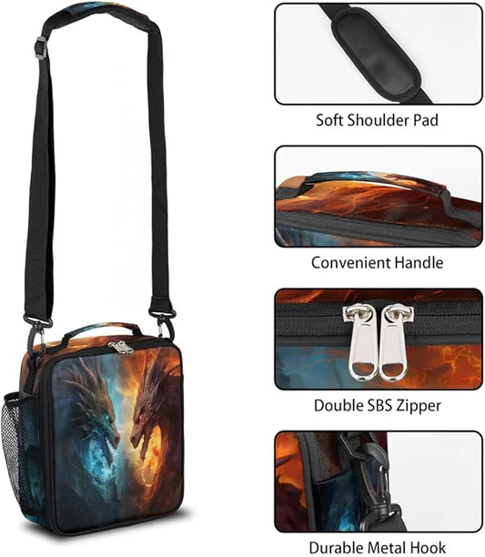 Lunch Box for Kids Boys Girls Water Fire Dragon Kids Lunch Bag Insulated Lunch Bag Tote with Adjustable Shoulder Strap Teens Lunchbox Cooler School Picnic